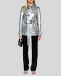 Front view of metallic silver leather jacket womens with belt and pointed collar