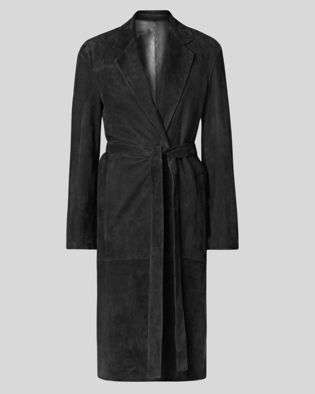  black suede trench coat with belt and lapels front view model 
