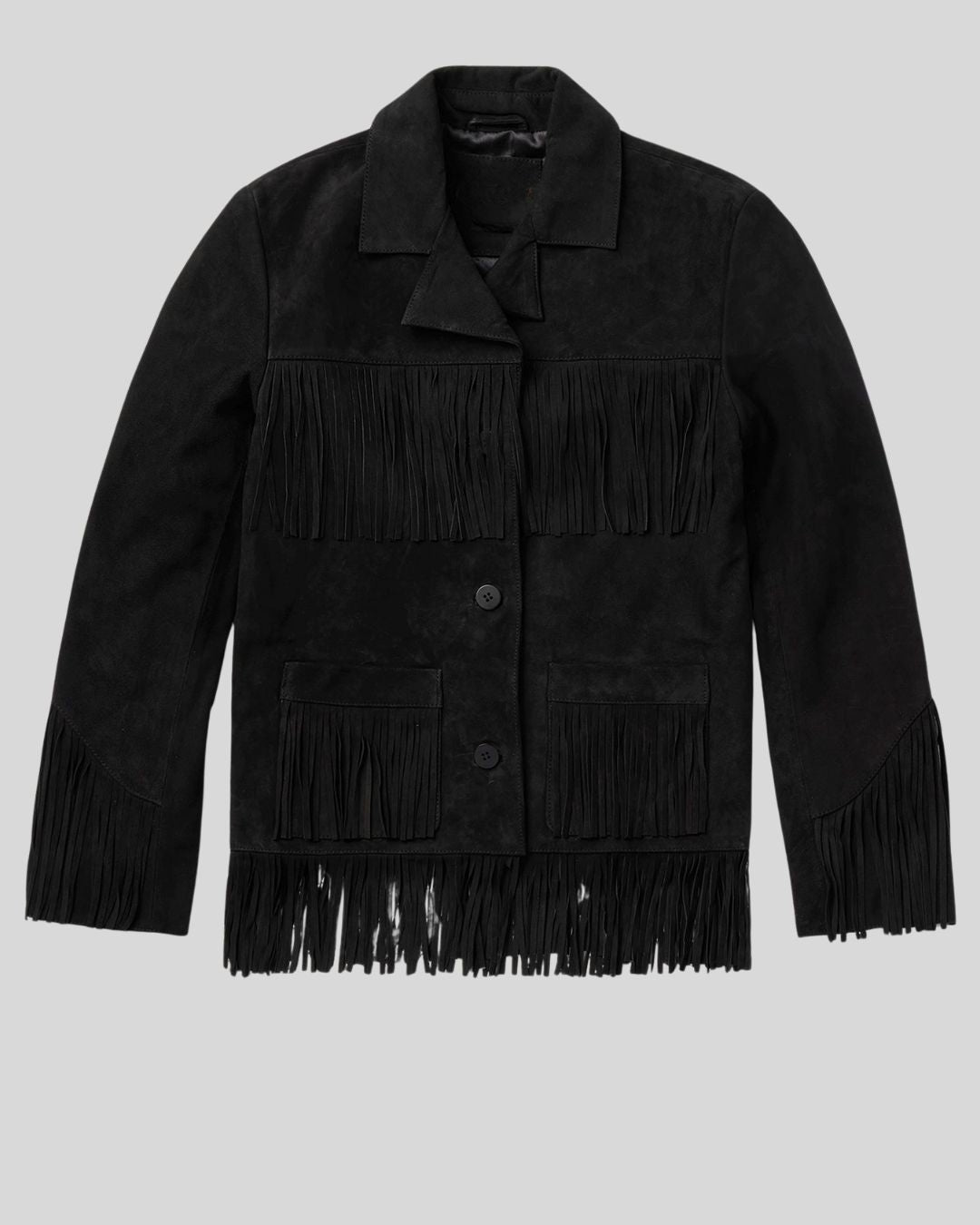 black suede fringe jacket front view – Midnight Dust Jacket