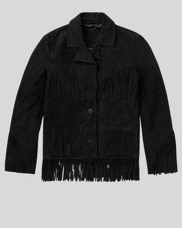 black suede fringe jacket front view – Midnight Dust Jacket
