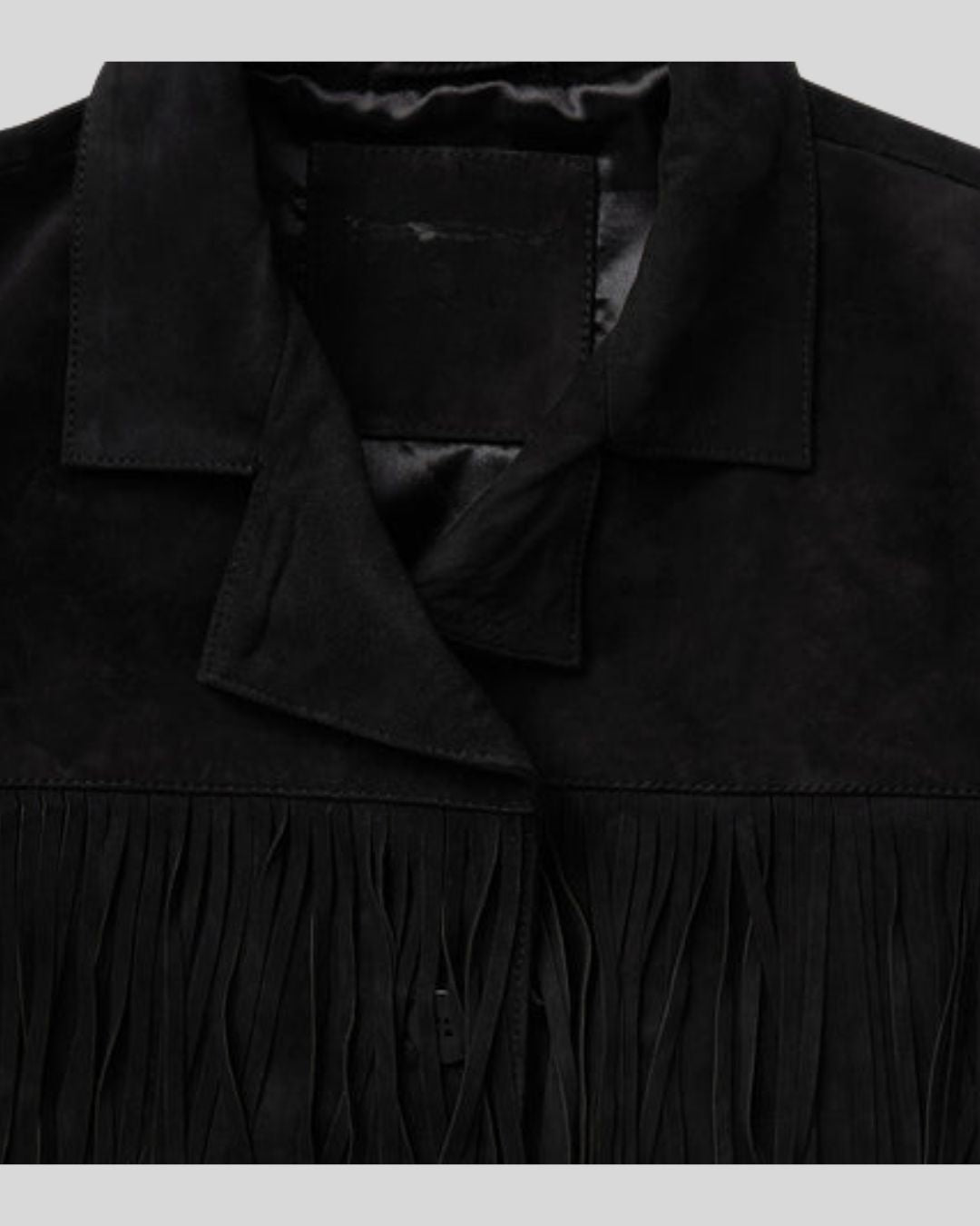close-up collar and fringe chest detail – Midnight Dust Jacket