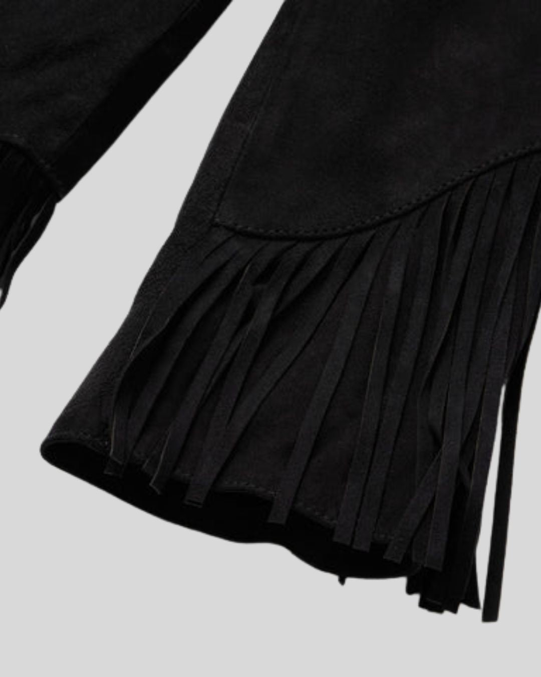  sleeve fringe detail of black suede fringe jacket – Midnight Dust