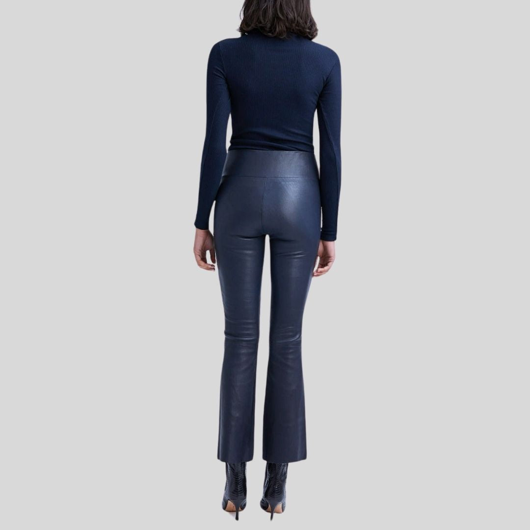 Midnight Luxe Blue Leather Pants – High Waisted Tailored Fit