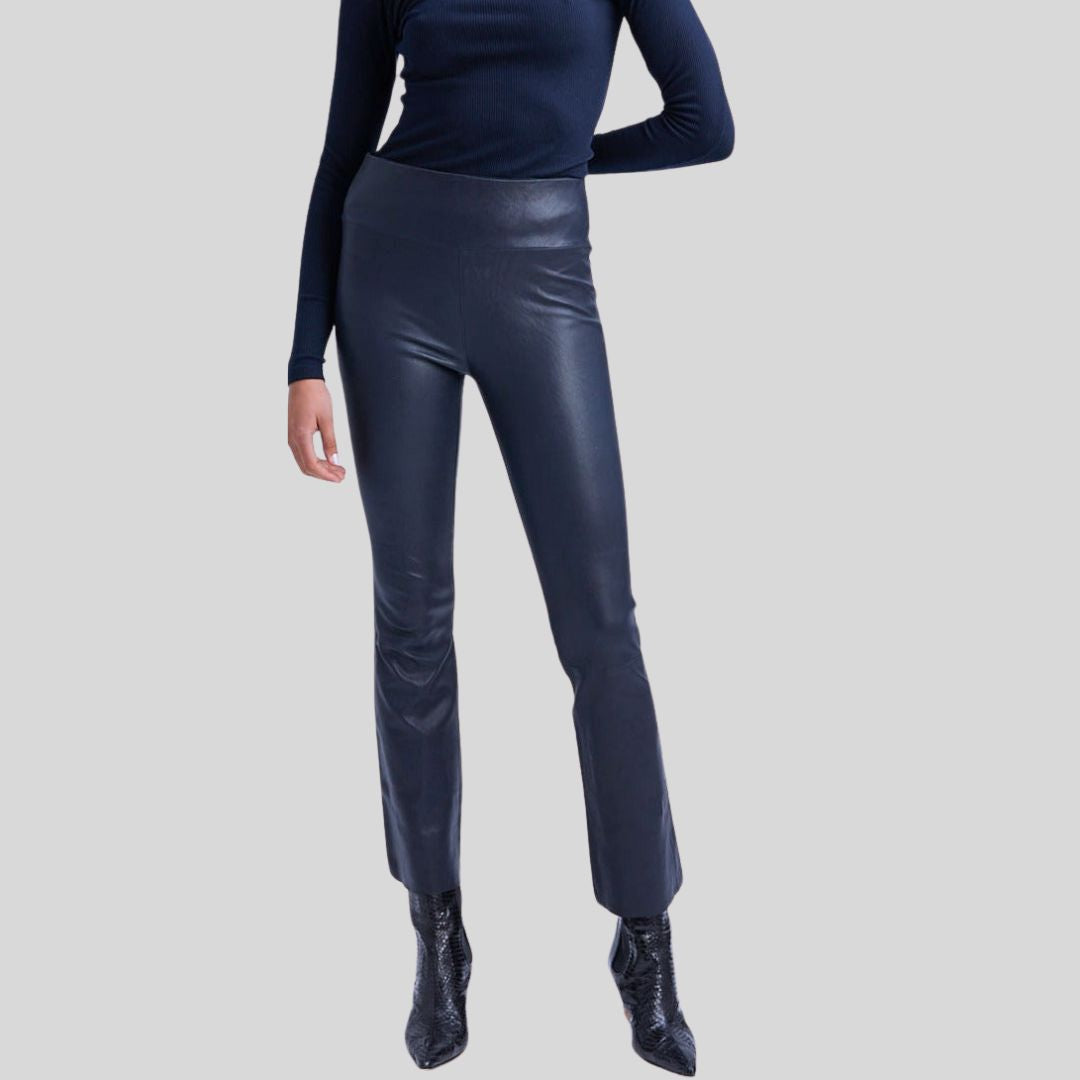 Midnight Luxe Blue Leather Pants – High Waisted Tailored Fit