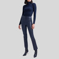  side profile of navy blue leather bell bottom pants