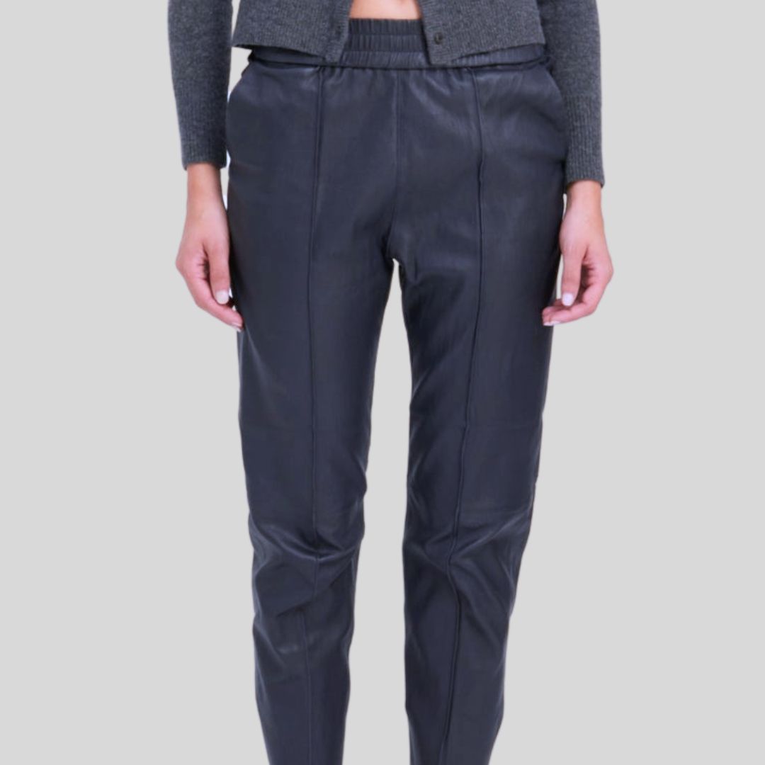  full front view of Midnight Luxe womens blue leather skinny pants