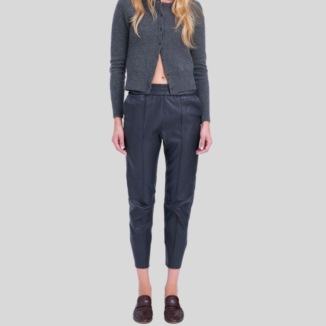  full front view of Midnight Luxe womens blue leather skinny pants