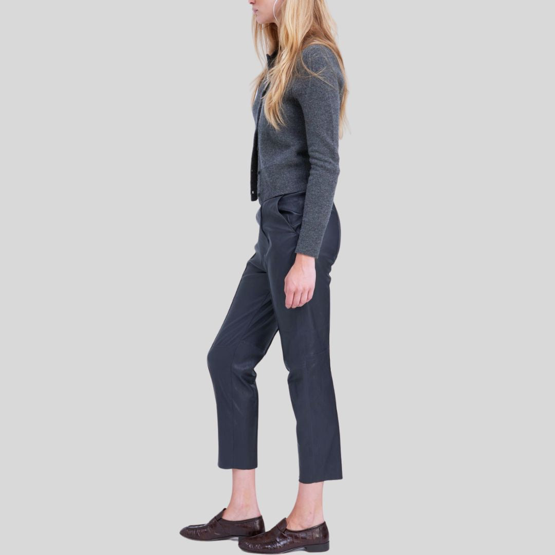 side profile of Midnight Luxe womens blue leather skinny pants