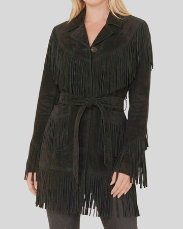 Midnight Mesa Black Suede Fringe Coat