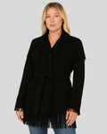  Front view of women's black suede fringe jacket with belt and flap pockets
