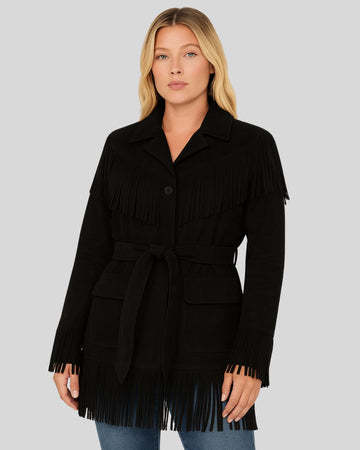  Front view of women's black suede fringe jacket with belt and flap pockets
