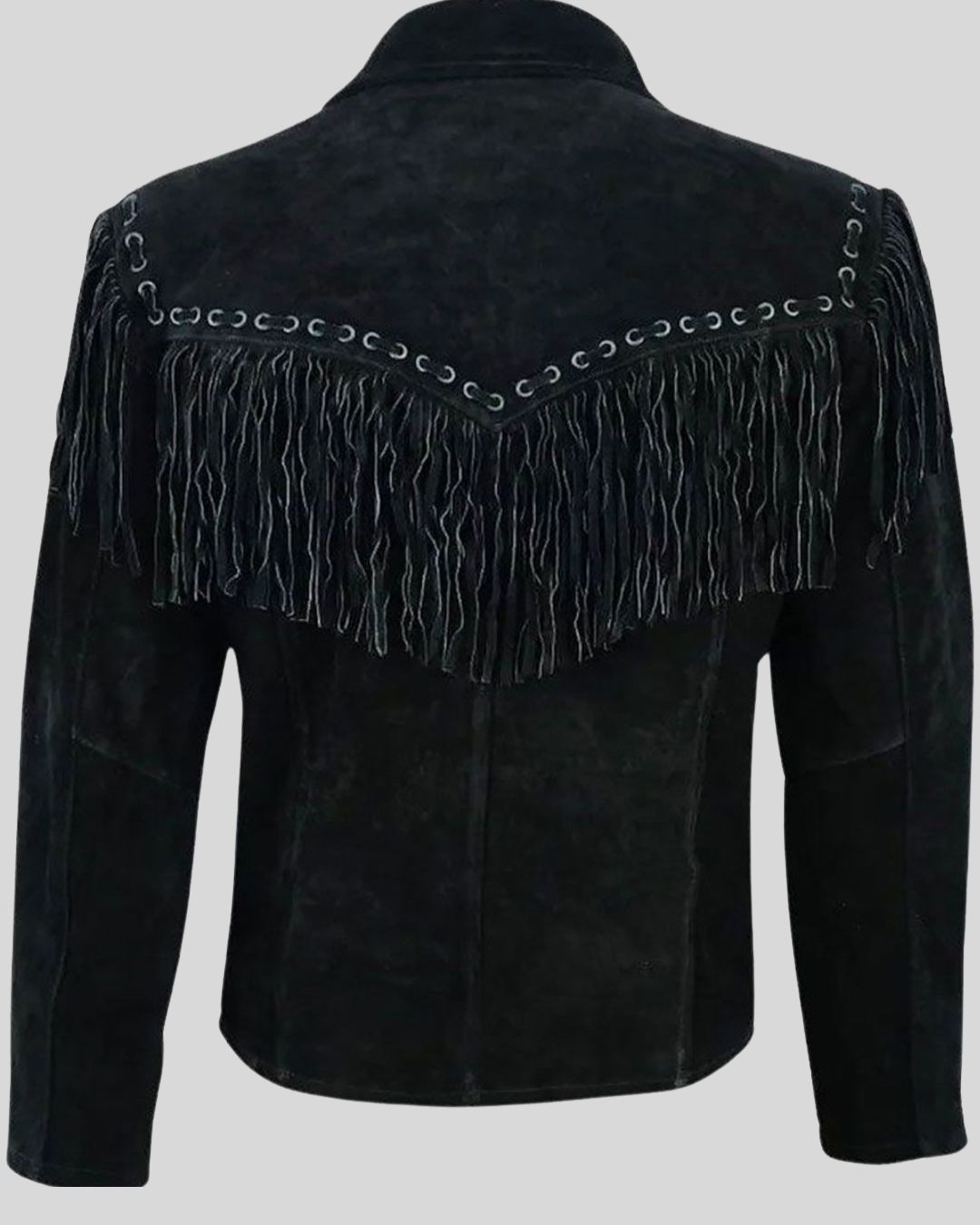 Black suede fringe jacket men's front view – Midnight Range Fringe Jacket
