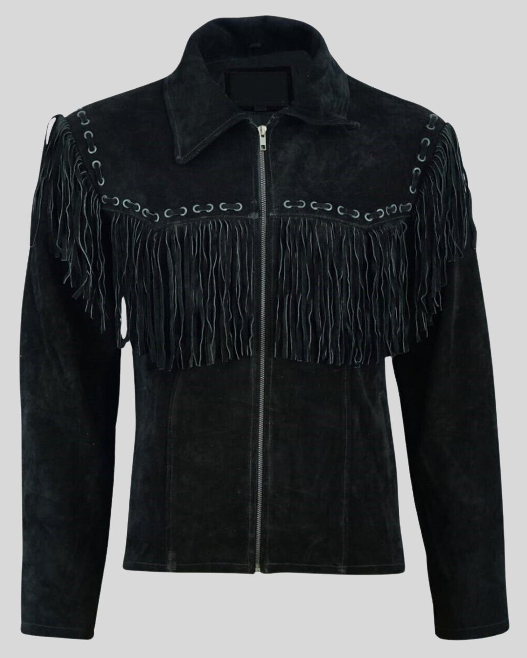 Black suede fringe jacket men's front view – Midnight Range Fringe Jacket
