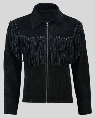 Black suede fringe jacket men's front view – Midnight Range Fringe Jacket
