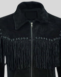 Close-up of chest fringe and zipper on black suede jacket – Midnight Range Jacket