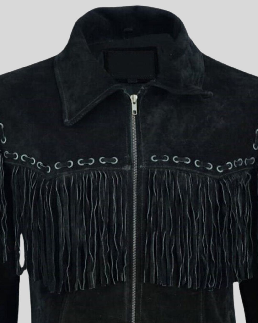 Close-up of chest fringe and zipper on black suede jacket – Midnight Range Jacket