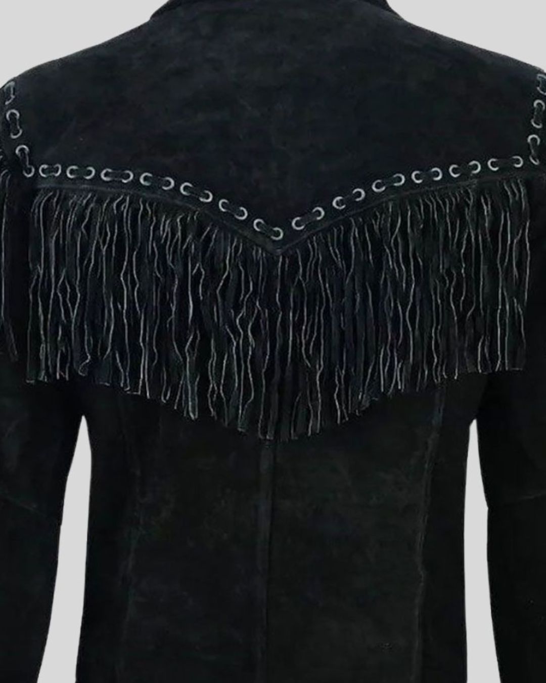 Close-up black suede fringe jacket back detail – Midnight Range Jacket
