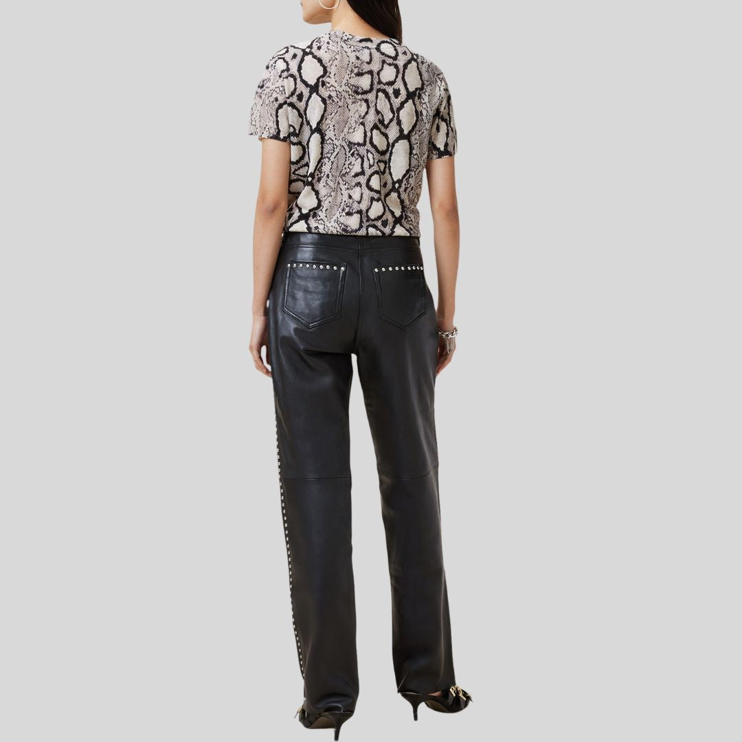  back view of straight fit black studded leather pants