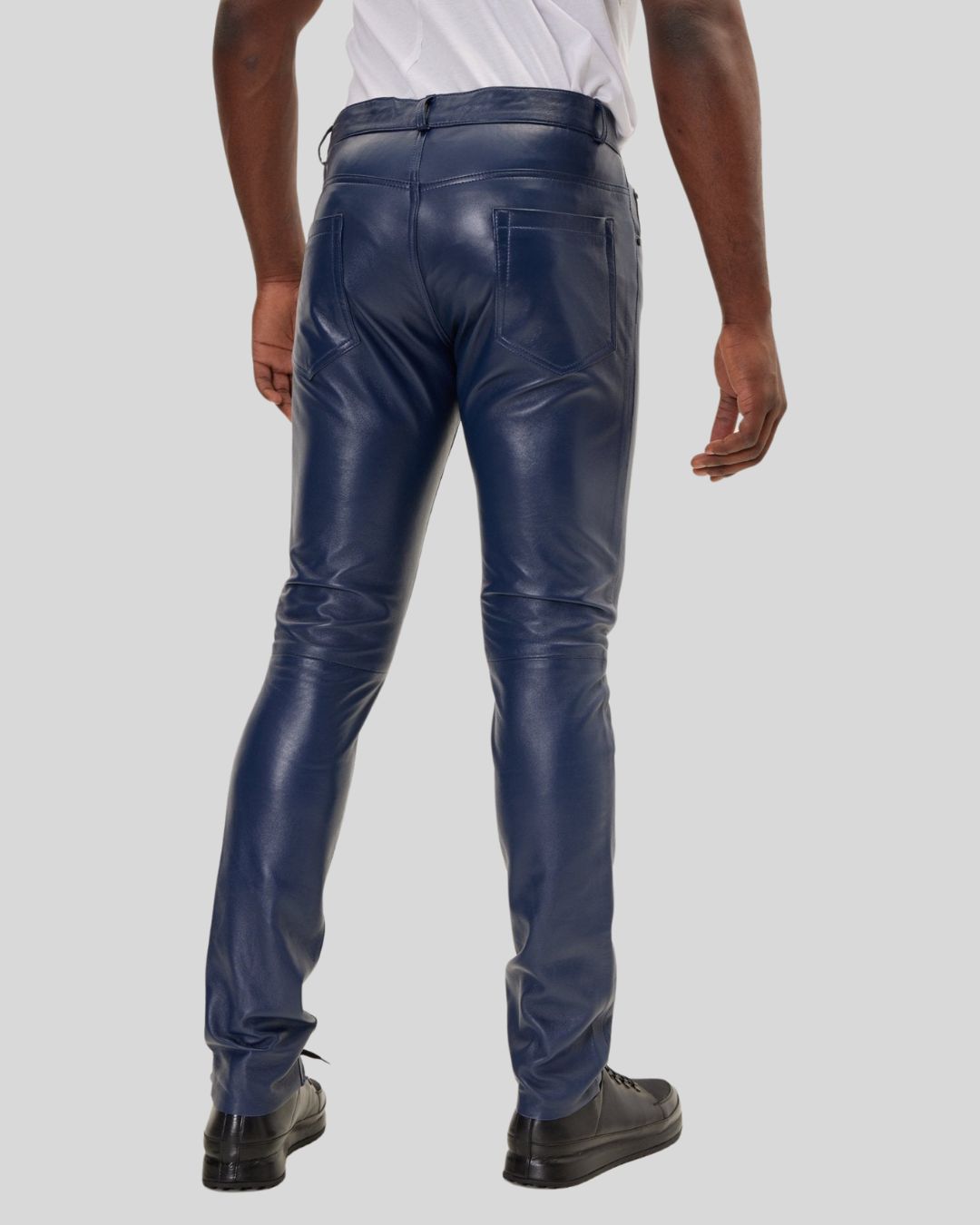  navy leather pants for men front view – Midnight Stride