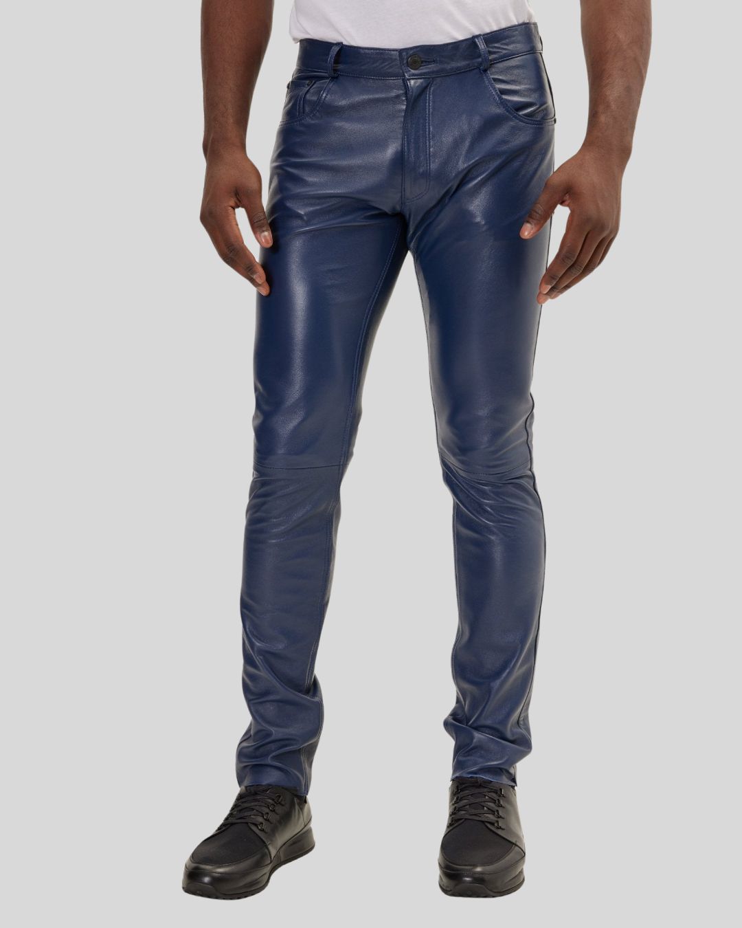  navy leather pants for men front view – Midnight Stride