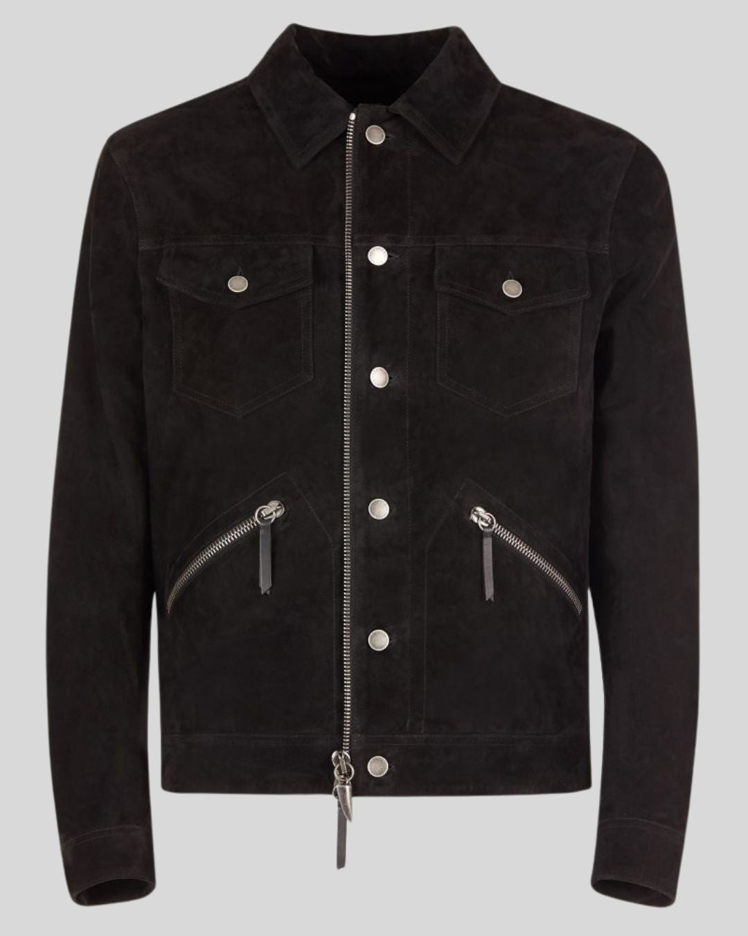 black suede trucker jacket front view – Midnight Torque Jacket