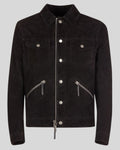 black suede trucker jacket front view – Midnight Torque Jacket