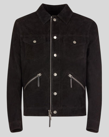 black suede trucker jacket front view – Midnight Torque Jacket