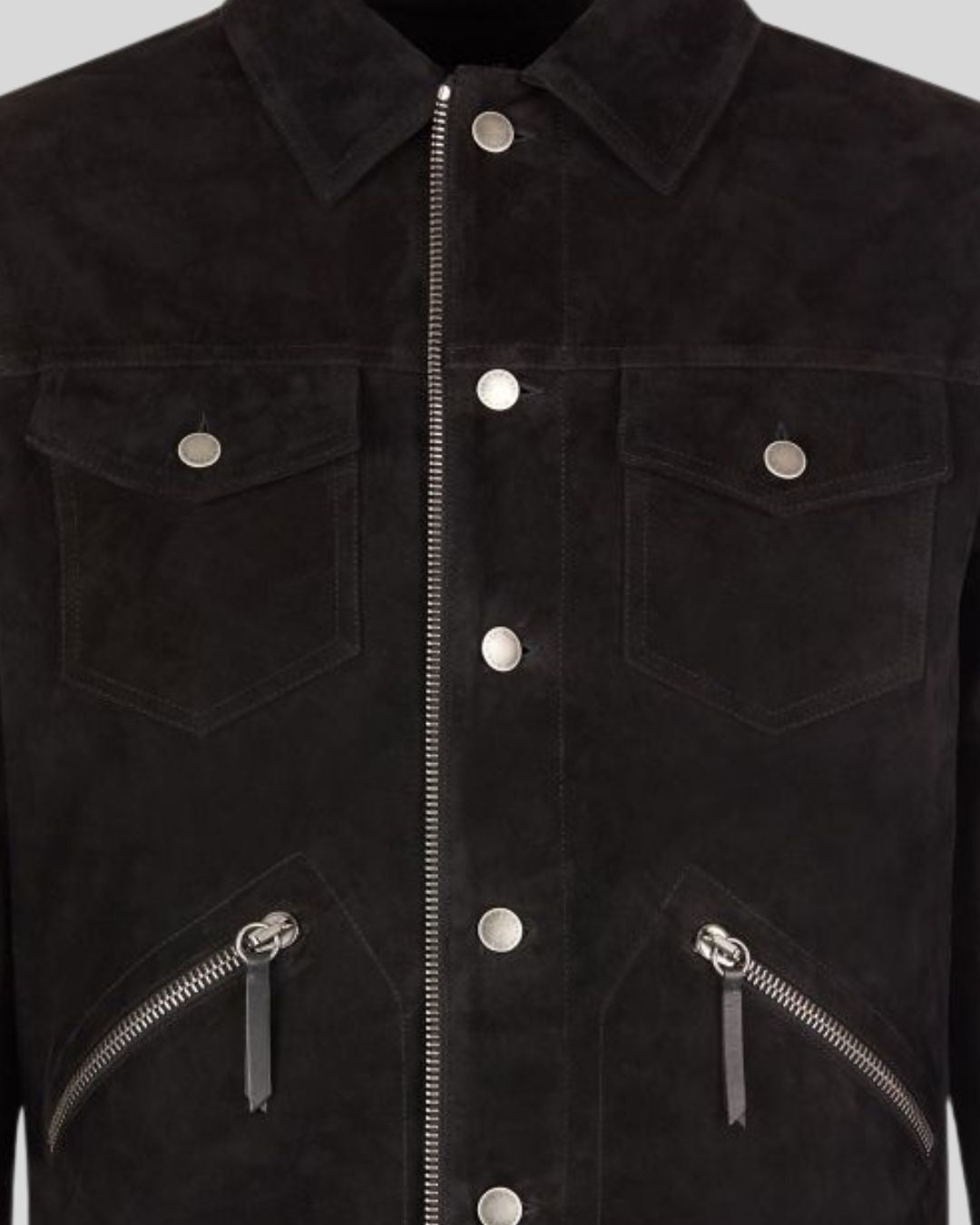 black suede trucker jacket front view – Midnight Torque Jacket