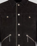close-up of black suede jacket chest and zippers – Midnight Torque
