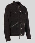 angled view of black suede trucker jacket – Midnight Torque