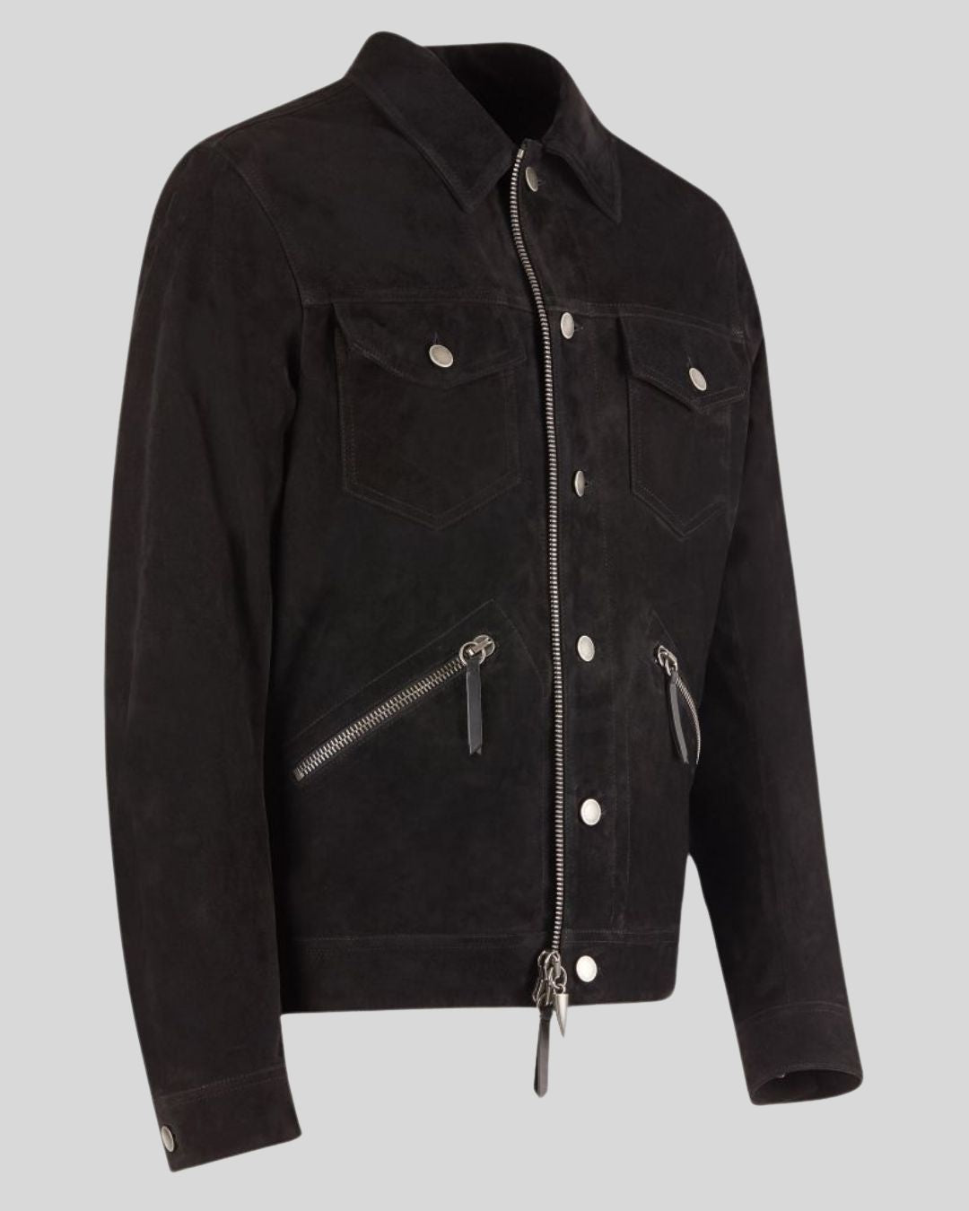 angled view of black suede trucker jacket – Midnight Torque
