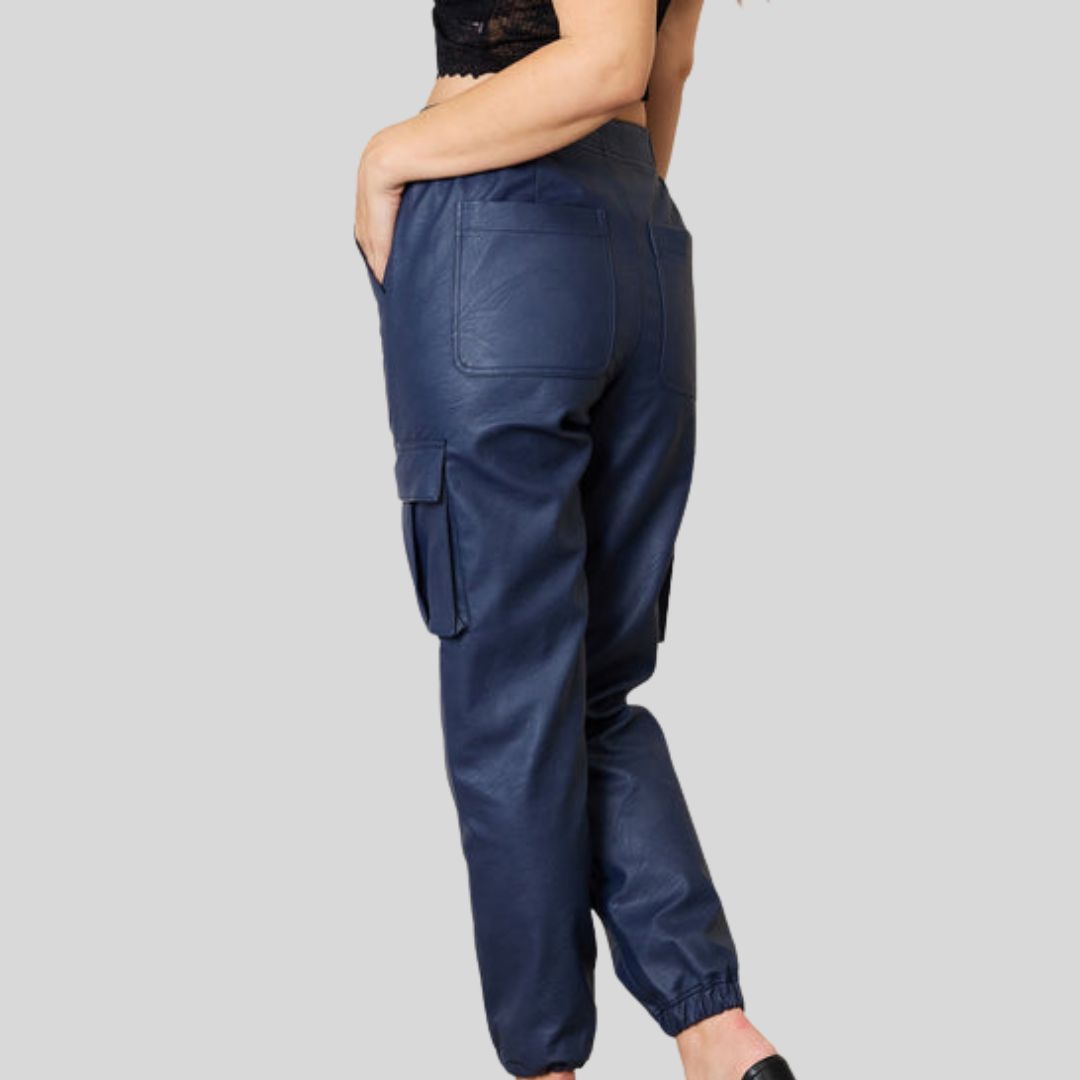  back view of women’s blue leather cargo joggers