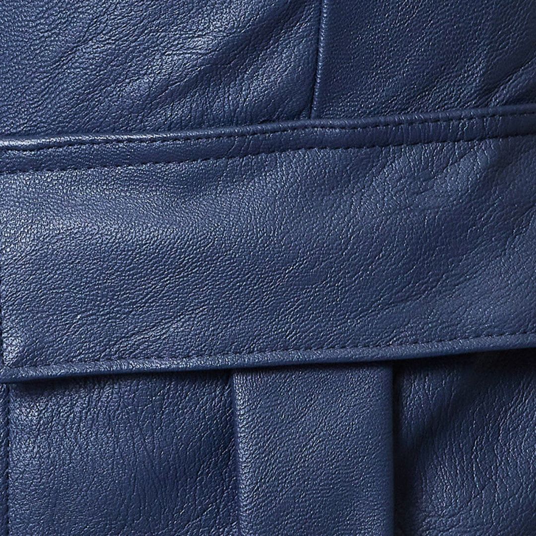 close-up of lambskin texture on navy cargo pants