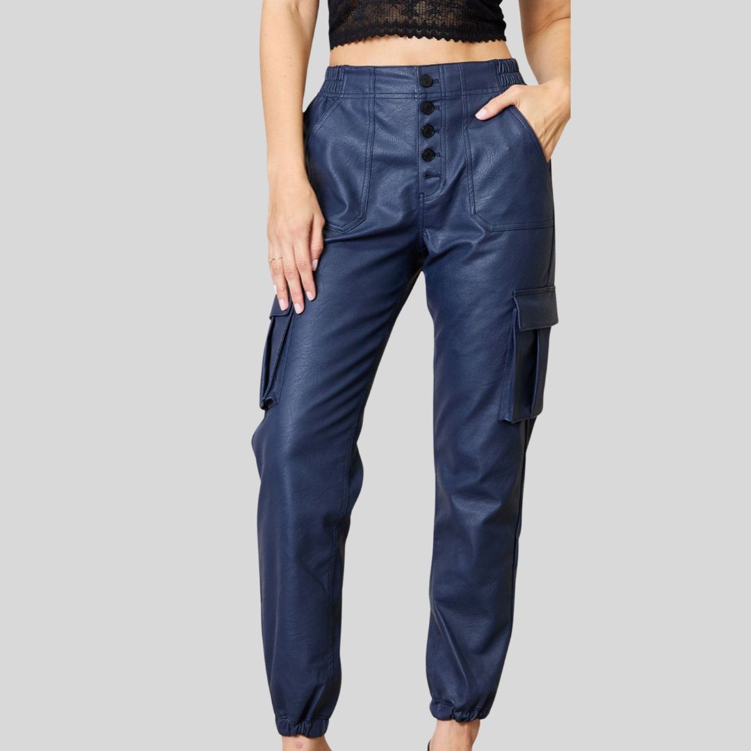 front view of blue leather cargo pants for women