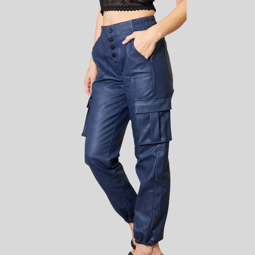 front view of blue leather cargo pants for women
