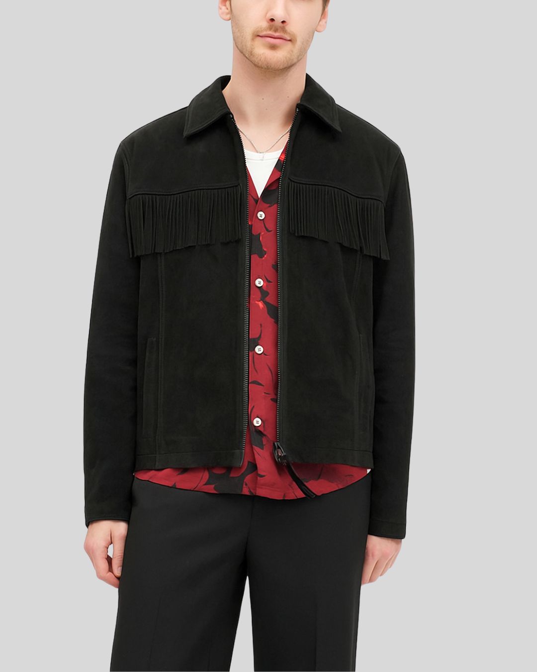 Front view of men’s black suede fringe overshirt