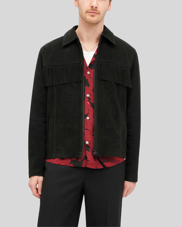 Front view of men’s black suede fringe overshirt