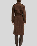  Back view of Mirella women's suede trench coat in chocolate brown
