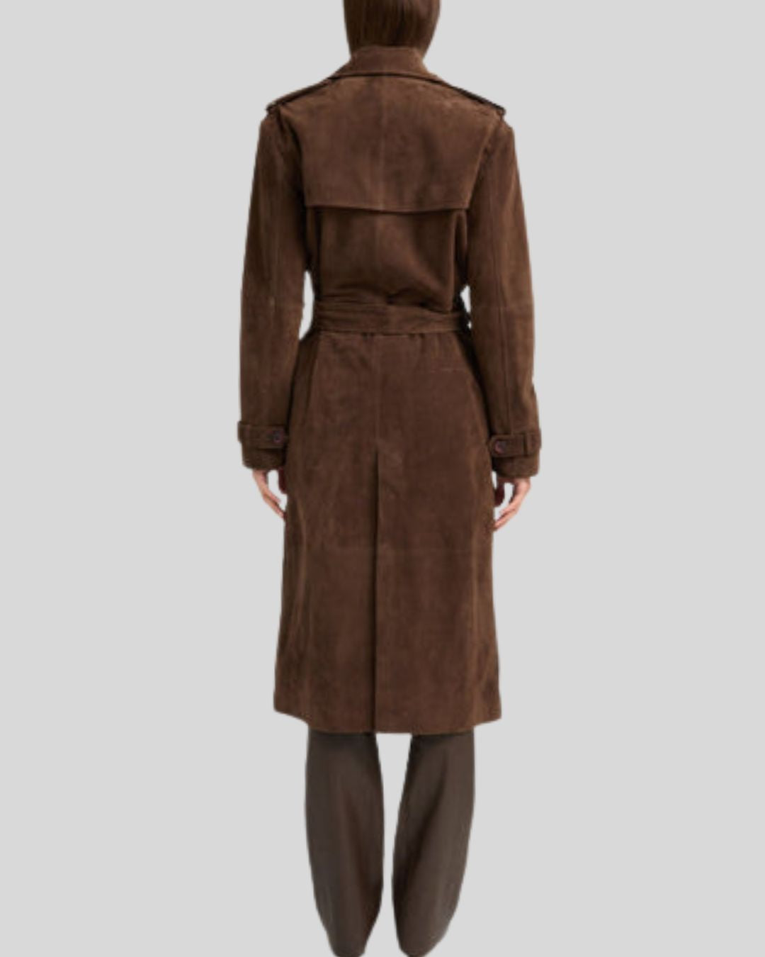  Back view of Mirella women's suede trench coat in chocolate brown
