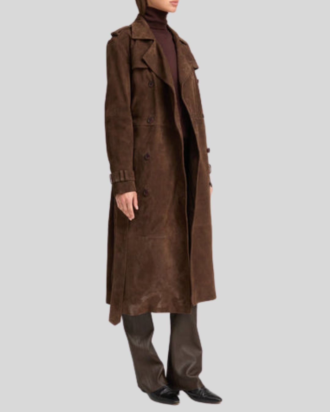Side profile of Mirella chocolate brown women's suede trench coat
