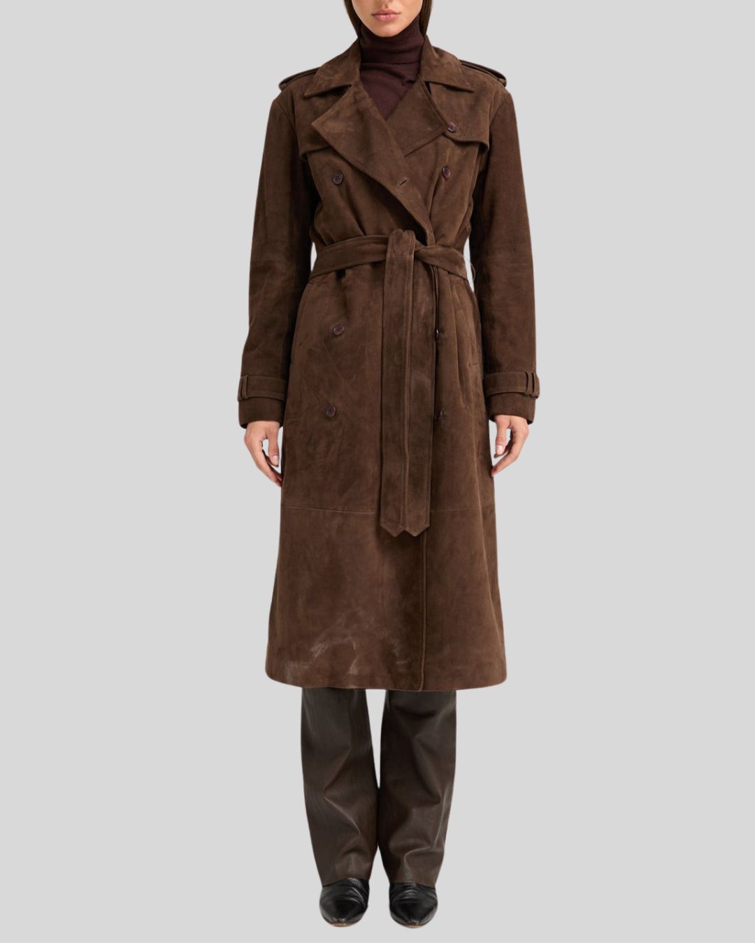  Full front view of Mirella women's chocolate suede trench coat
