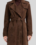 Close-up of front and belt on Mirella women's chocolate brown suede trench coat
