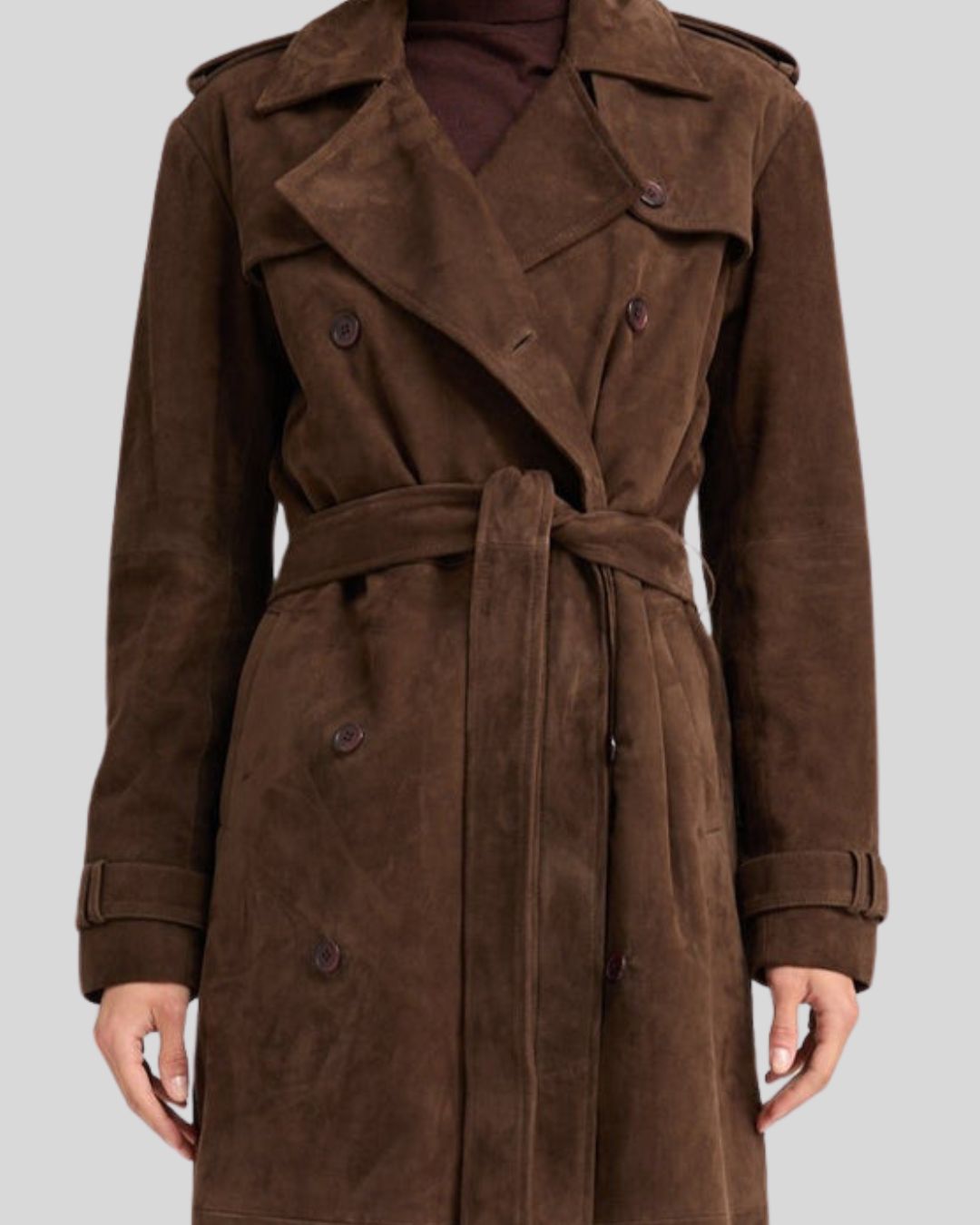  Close-up of front and belt on Mirella women's chocolate brown suede trench coat
