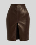 Brown leather slit skirt knee-length front view - Mocha Lurex Skirt
