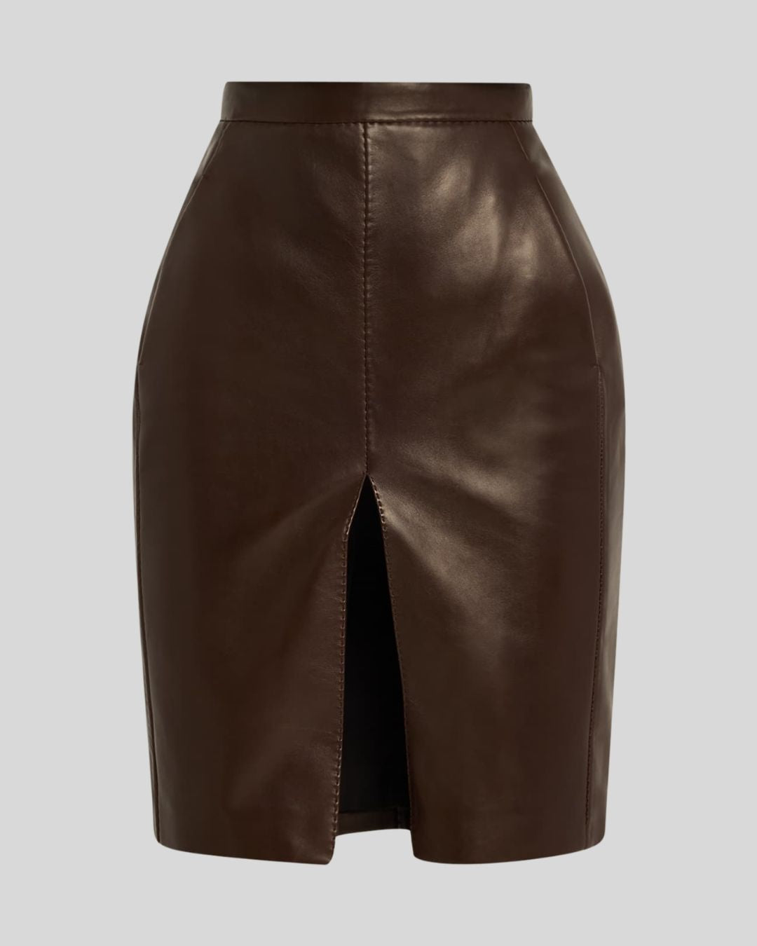 Brown leather slit skirt knee-length front view - Mocha Lurex Skirt
