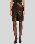 Women's brown leather slit skirt styled with black top - Mocha Lurex Skirt