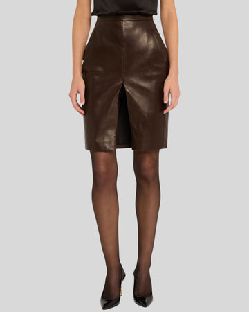 Women's brown leather slit skirt styled with black top - Mocha Lurex Skirt