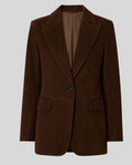  Women's dark brown suede blazer with single-button closure front view
