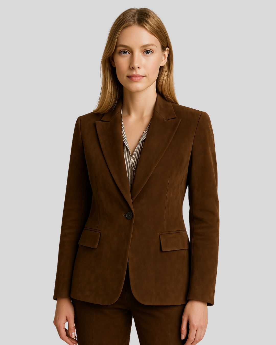  Model wearing brown suede blazer and pants with button closure

