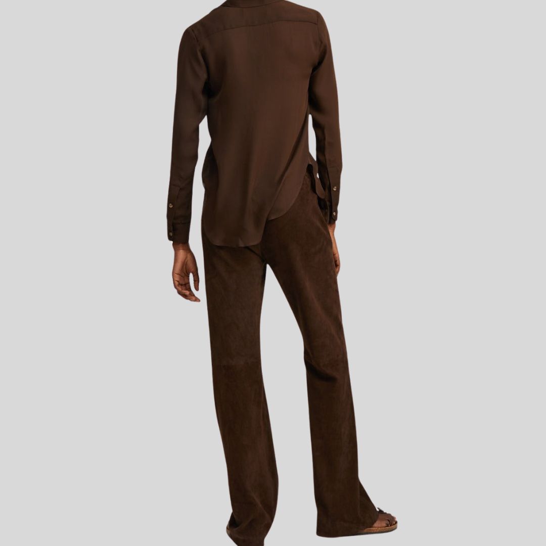 back view of dark brown suede lounge pants